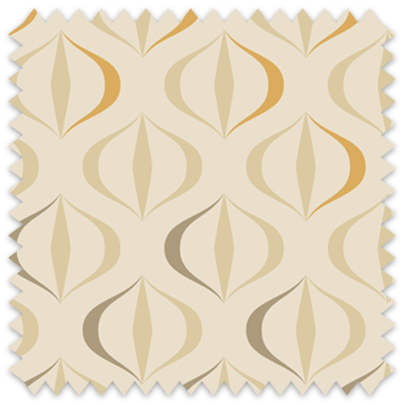 The artwork features a repeating geometric pattern of symmetrical shapes resembling elongated, curved diamonds or petals in various shades of brown and rust. Each shape is split vertically with one half filled with a light brown and the other half filled with rust or darker brown. The background is a light, almost pastel blue, which provides a soft yet vibrant backdrop. One of the blue shapes near the upper left contains a white starburst element, adding a focal point of brightness to the composition. The overall design conveys a modern, mid-century aesthetic with clean lines and harmonious color contrasts.